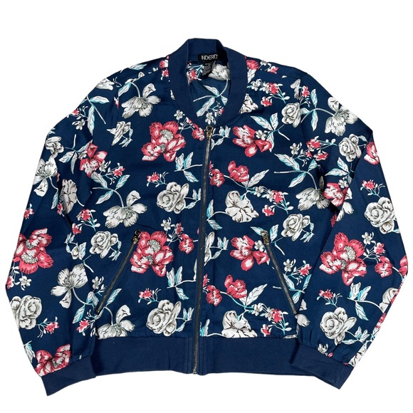 Indera size medium blue floral silky bomber jacket zip pockets thin material EUC - Picture 3 of 12